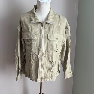 Zara Utility Jacket Women XS Green Lightweight Cargo Pockets Linen Blend Safari